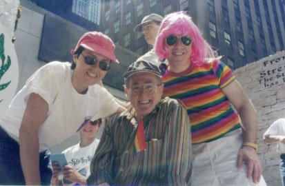 Gad Beck with Rick Landman and Yolanda Potasinski on the CBST Pride float